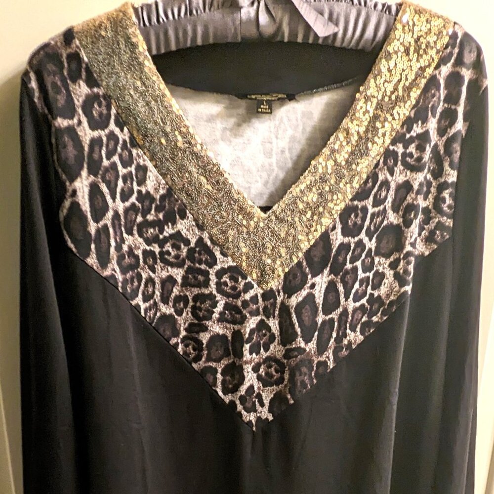 SUZANNE Betro designer  gold sequin V neck leopard trim black top Large chest 38